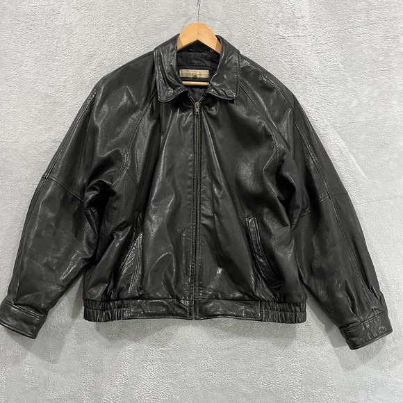 VTG Perry Ellis Leather Jacket Men Medium Black‎ Portfolio Quilted Moto Biker - Picture 1 of 16
